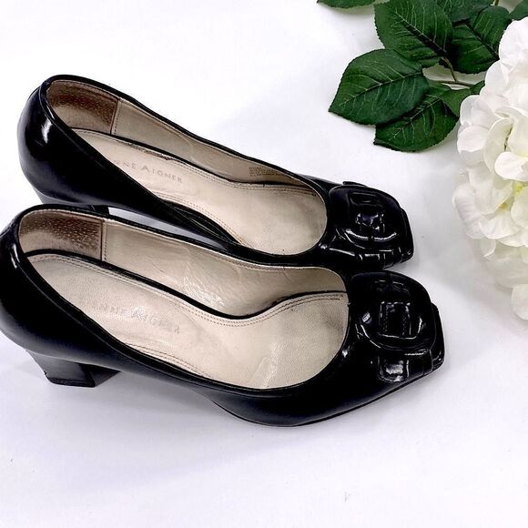 Etienne Aigner Black Patent Leather Peep Toe Pumps With Buckles Size 6.5 - Picture 1 of 8
